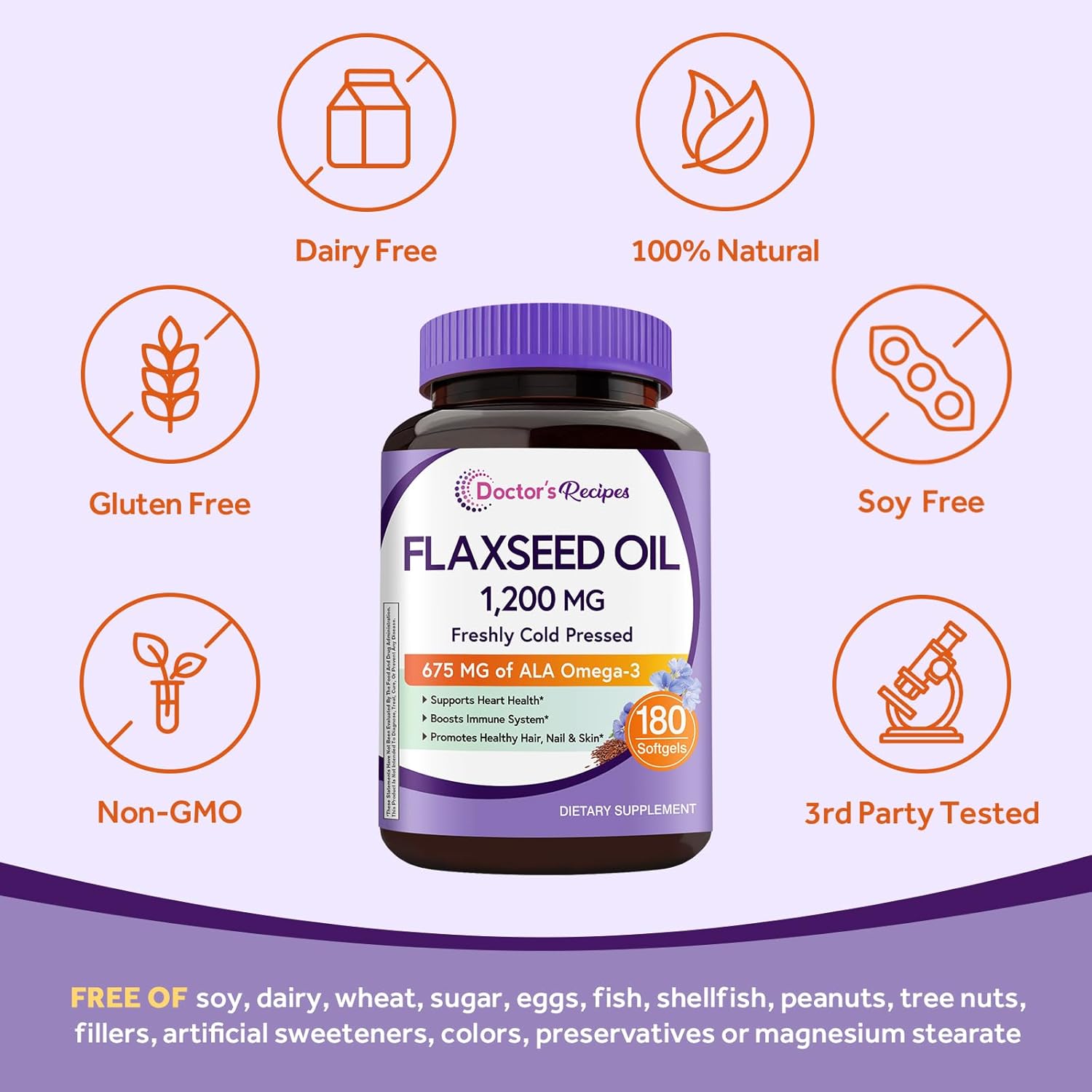 Doctor's Recipes Flaxseed Oil, 1200 mg, Freshly Cold Pressed, High in ALA, Omega 3 6 9, No Gluten, No Soy, for Heart Health, Non GMO, 180 Softgels