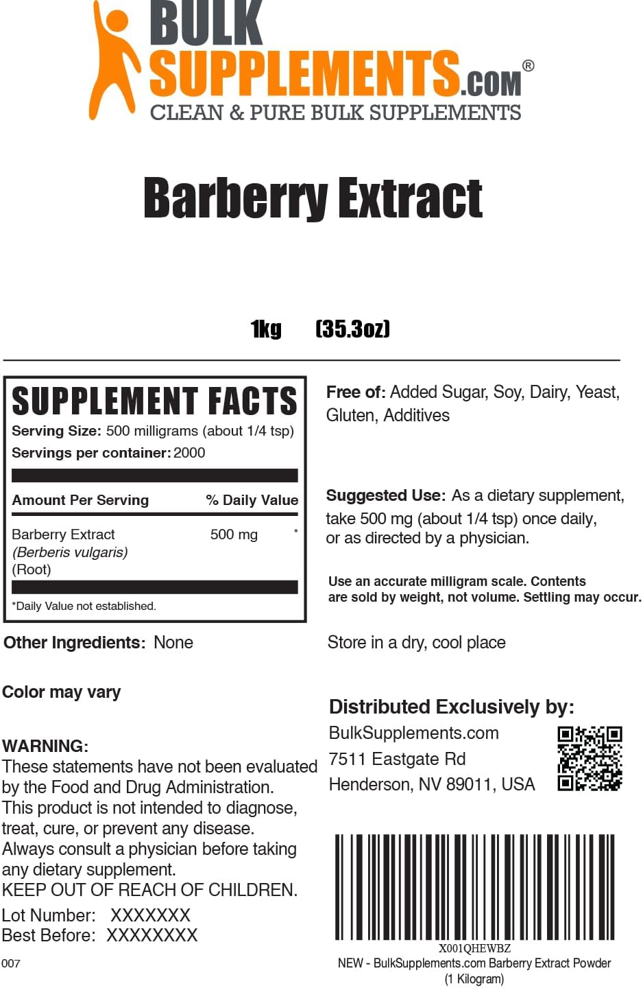 BulkSupplements.com Barberry Extract Powder - Barberry Sypplement, Herbal Supplement - Vegan & Gluten Free, 500mg per Serving, 1kg (2.2 lbs) (Pack of 1)