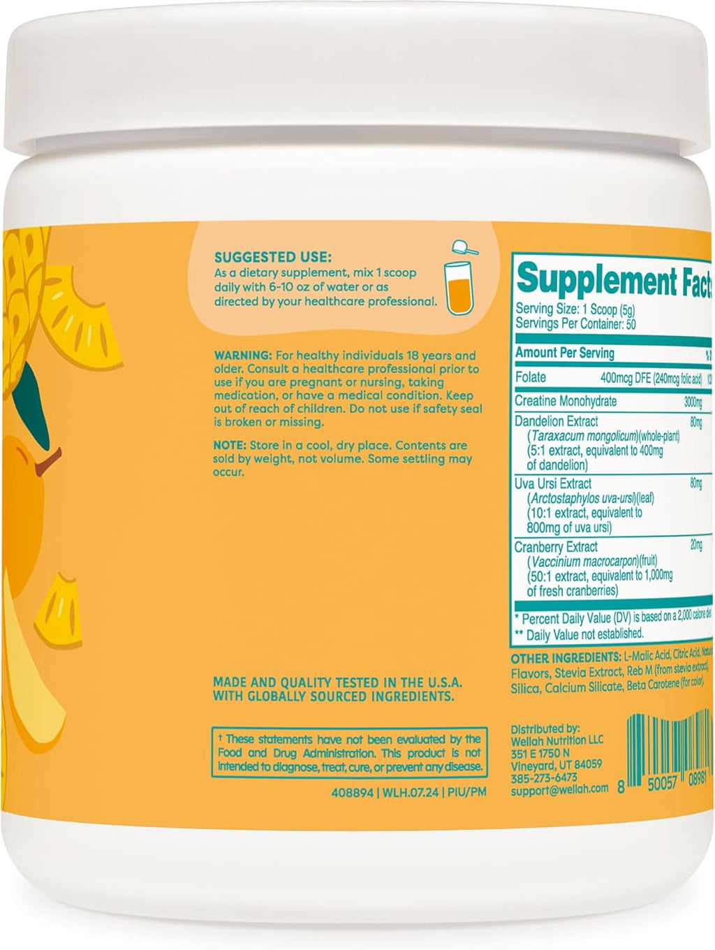 Wellah Creatine for Women - Creatine Monohydrate with Dandelion & Cranberry Extract (50 Servings, Pineapple Mango)