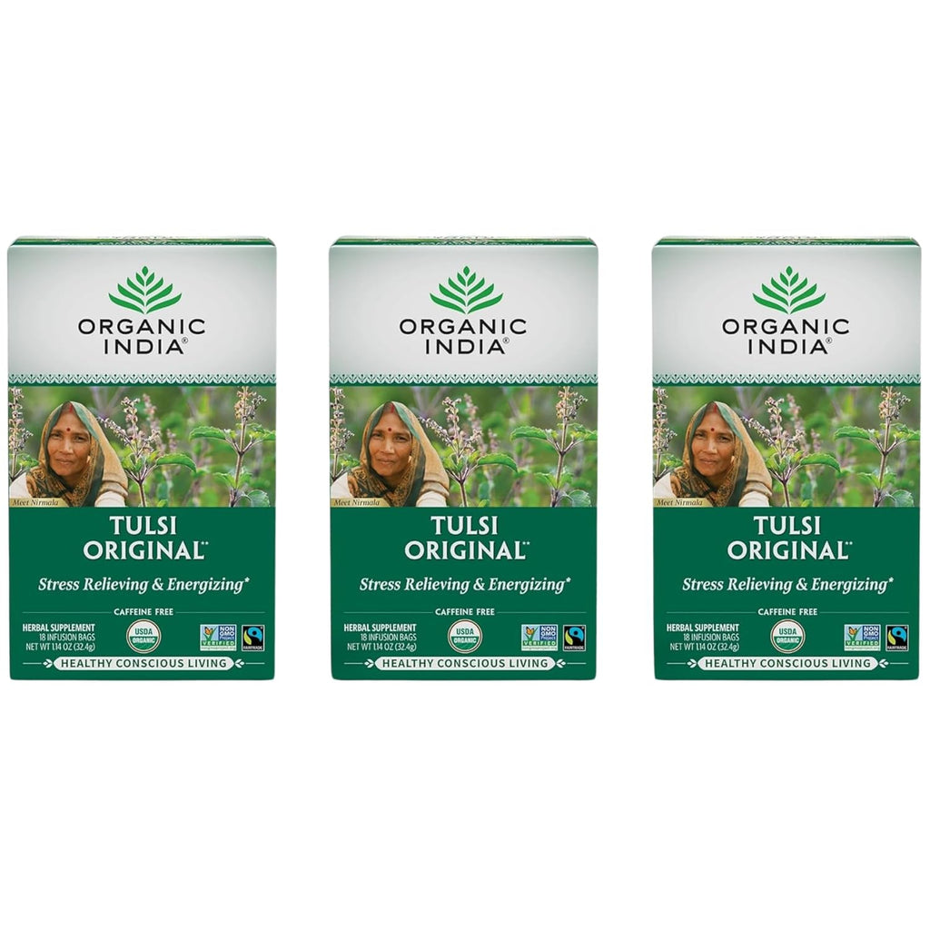 ORGANIC INDIA Tulsi Original Herbal Tea - Holy Basil and African Basil Calming and Stress Relief Tea, Immune Support, USDA Certified Organic, Non-GMO, Caffeine-Free - 18 Infusion Bags, 3 Pack