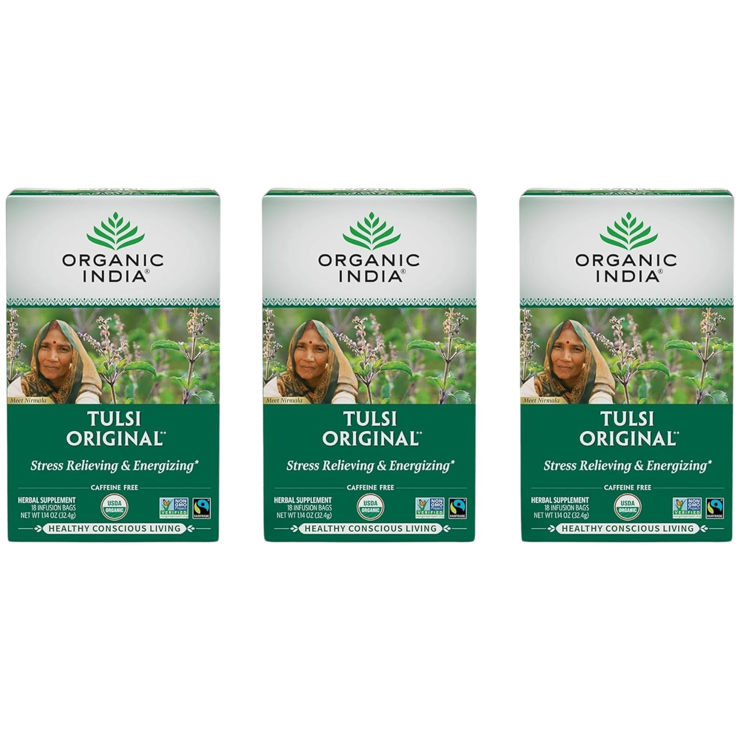 ORGANIC INDIA Tulsi Original Herbal Tea - Holy Basil and African Basil Calming and Stress Relief Tea, Immune Support, USDA Certified Organic, Non-GMO, Caffeine-Free - 18 Infusion Bags, 3 Pack