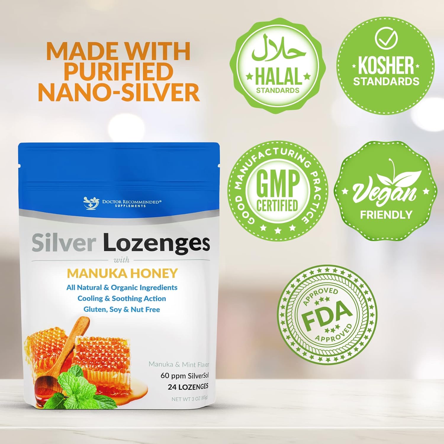 Silver Lozenges with Organic Manuka Honey and Vitamin C - All-Natural Nano Silver 45-50mcg of 60 PPM Colloidal Silver Mineral Drops to Support Immune System, Soothe, Cool Cough & Throat, 48-Lozenges