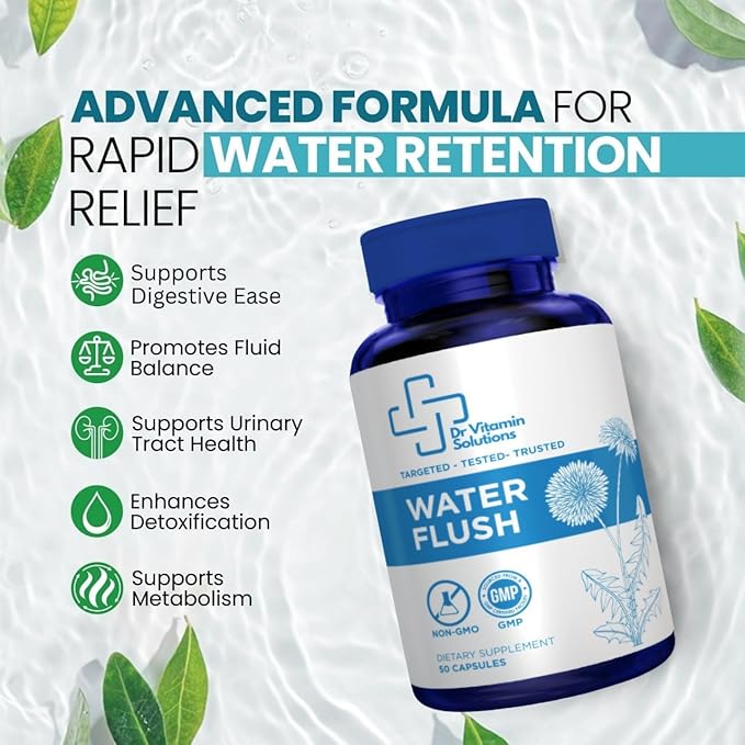 Diuretic Water Pills - Water Flush - Debloating for Women and Men, Relief from Swelling, Water Retention - Green Tea, Dandelion Leaf and Cranberry Powder Detox (1 Bottle, 50 Capsules)