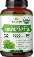 Zazzee USDA Organic Stinging Nettle 20:1 Extract, 9000 mg Strength, 120 Vegan Capsules, 4 Month Supply, Concentrated, Standardized 20X Extract, Certified Organic, 100% Vegetarian, All-Natural, Non-GMO