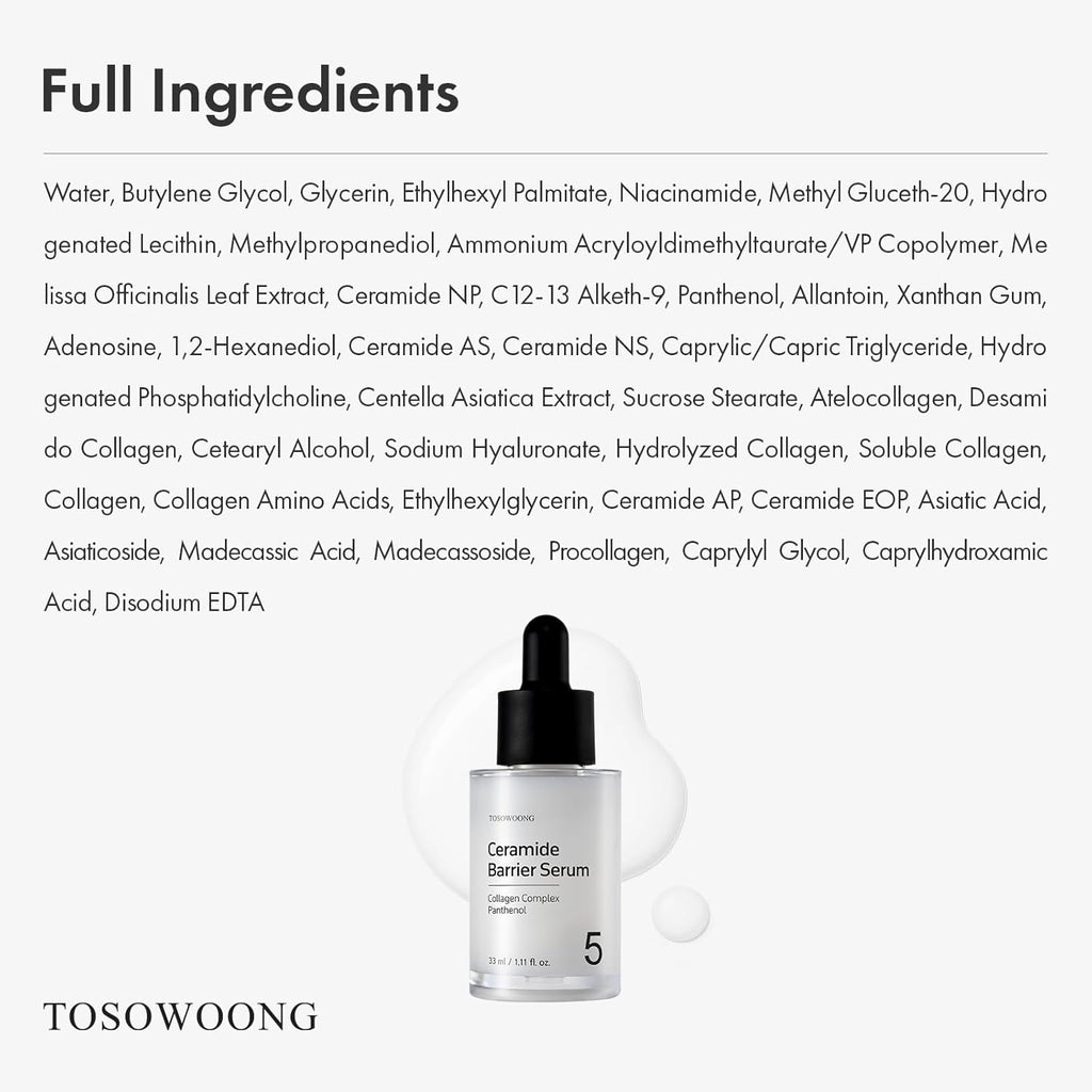 TOSOWOONG Ceramide Barrier Serum, Hydrating Serum for Face, 1,250ppm Ceramide Complex, Niacinamide, Collagen, Panthenol, Centella, Glass Skin, Fragrance-free, Korean Skin Care, 33 ml / 1.11 fl. oz.