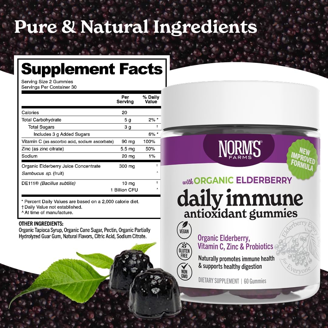 Norm's Farms Organic Elderberry Gummies - Daily Immune Support for Adults & Kids with Zinc, DE111 Probiotic, Vitamin C - Made in USA, 3rd Party Tested - Vegan, Gluten-Free, Kosher, Non-GMO, 60 Gummies