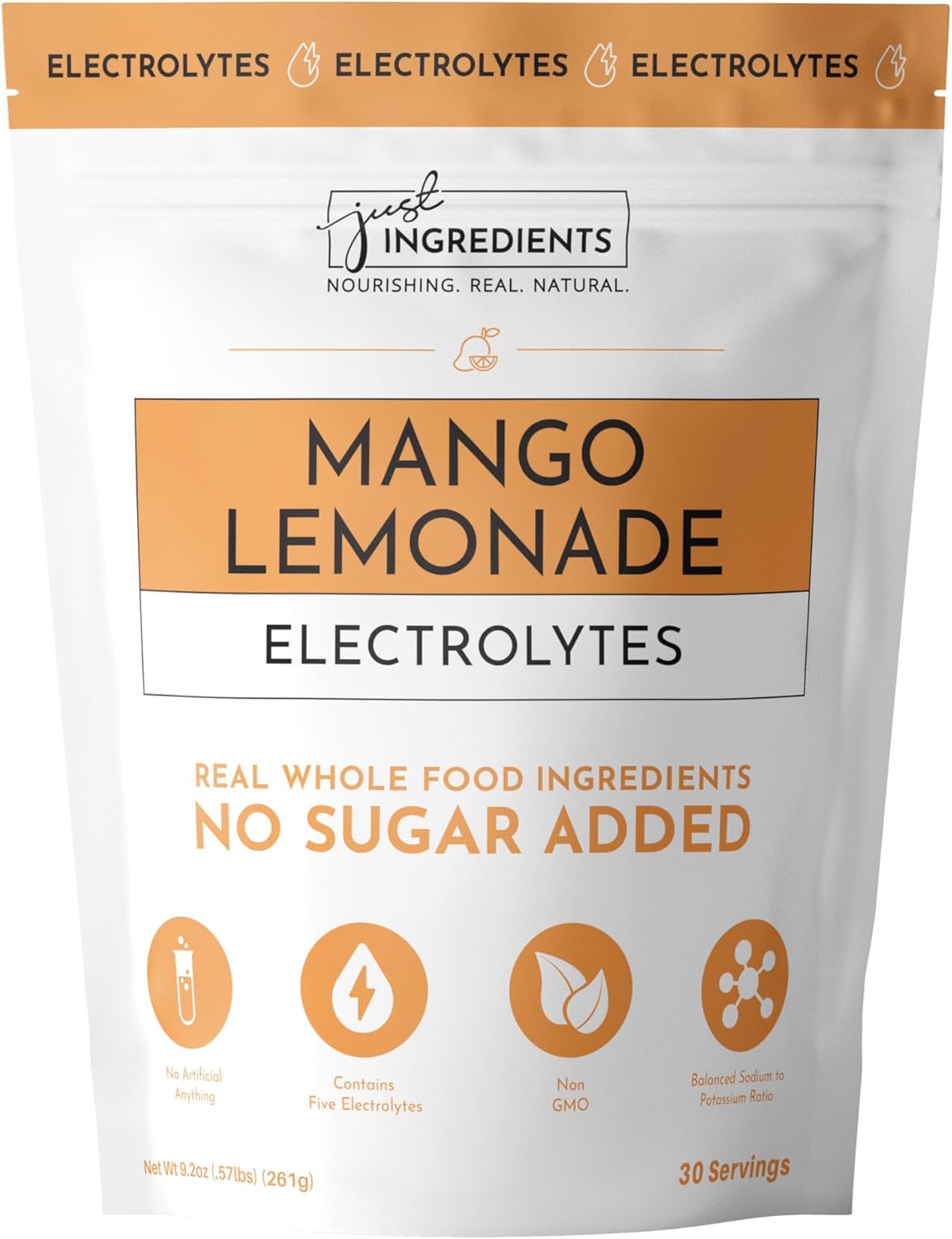 JUST INGREDIENTS Mango Lemonade Electrolyte Drink Mix - Coconut Water, Sea Salt, Trace Minerals - 30 Servings