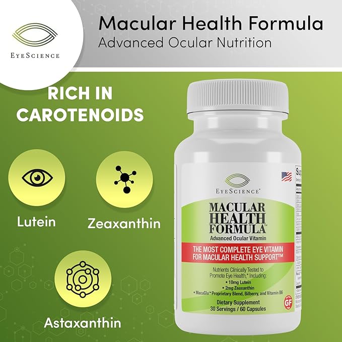 EyeScience Macular Health Formula Advanced Ocular Vitamin - Containing Lutein, Zeaxanthin, Billberry, & Vitamins C, D, E, & B6 (30 Day Supply)