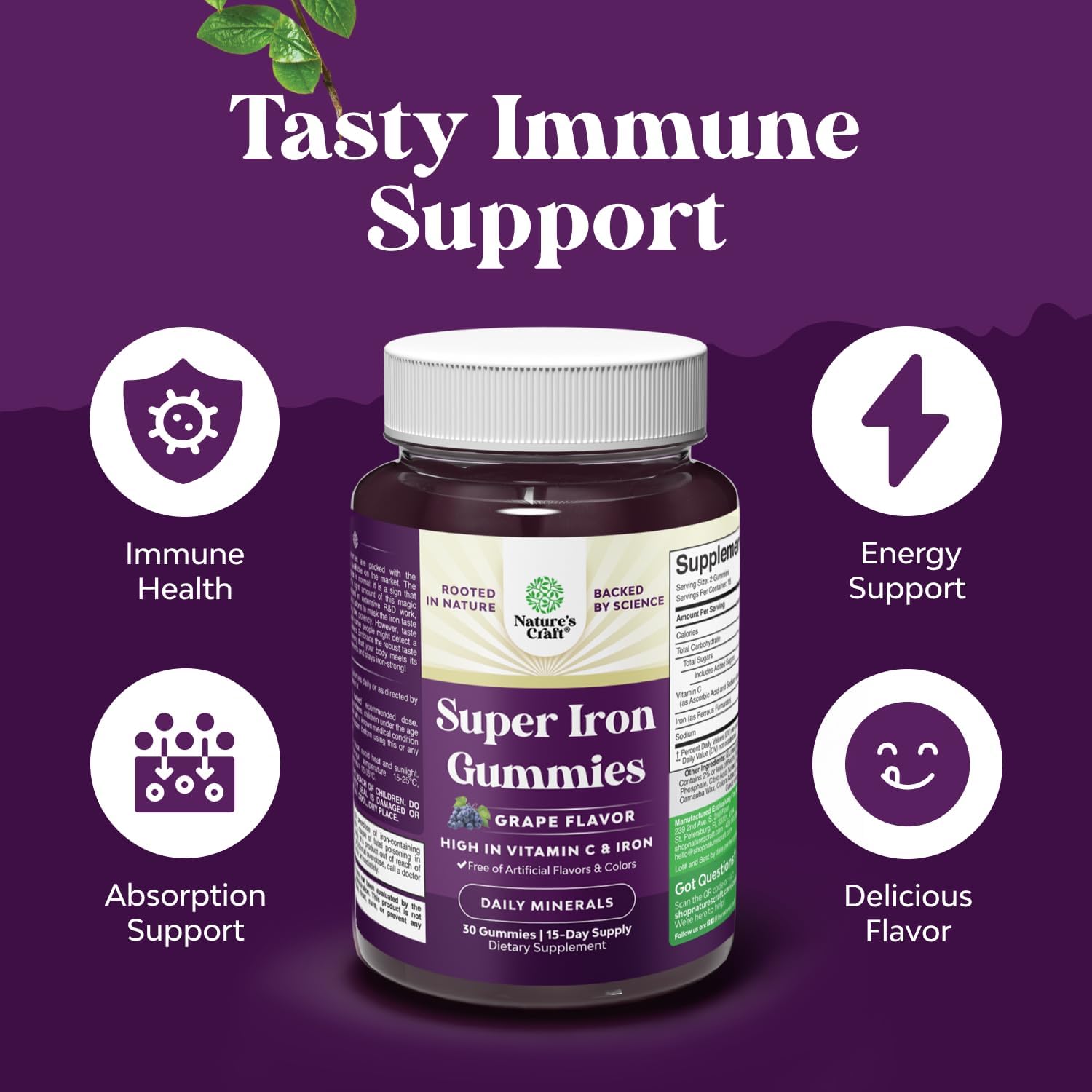 Bundle of Extra Strength Iron Supplement Gummies - Chewable Iron with Vitamin C & B Complex - Energy Blood Builder and Pure Magnesium Glycinate Supplement 400mg Per Serving for Mood Sleep & Relaxation