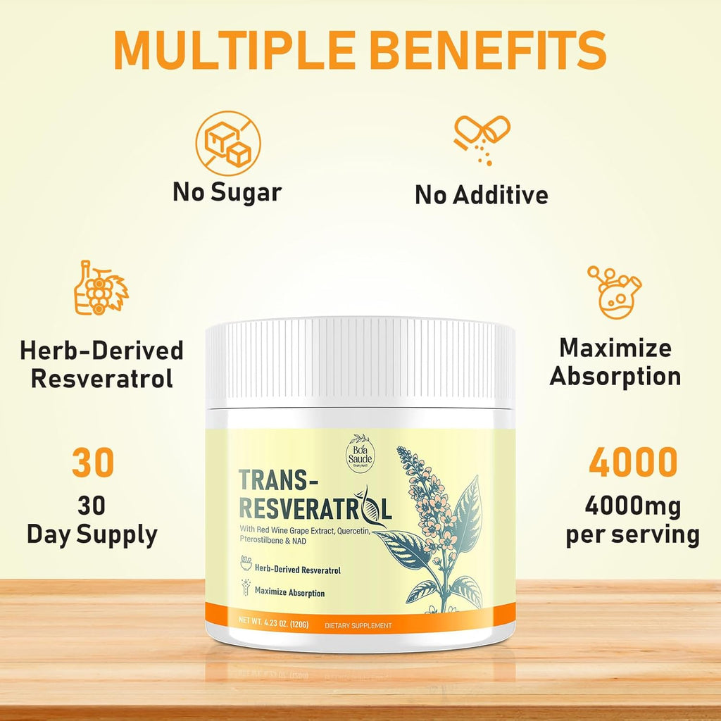 Trans-Resveratrol Powder Supplement with Red Wine Extract, Quercetin, Pterostilbene & NAD, 4.23 OZ, 30-Day Supply