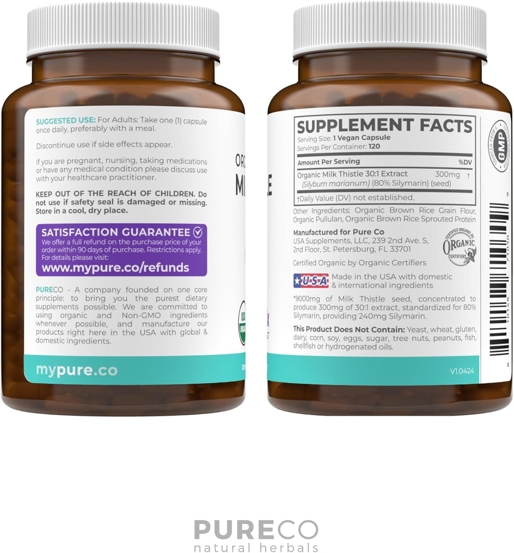 USDA Organic Milk Thistle Capsules - 80% Silymarin Supplement for Liver Support- Super Concentrated 300mg of 30:1 Milk Thistle Extract Equivalent to 9,000mg - Milk Thistle Liver Detox 120 Day Supply