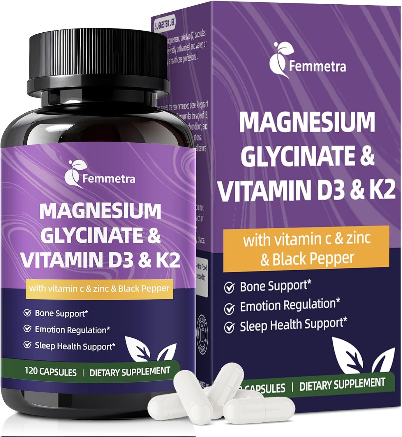 Magnesium Glycinate 600mg Vitamin D3 K2 Supplement with Zinc, L-Theanine & Melatonin - Bone Support, Energy & Mood Manage, Sleep Health for Men & Women, Non-GMO, Vegan, 120 Capsules