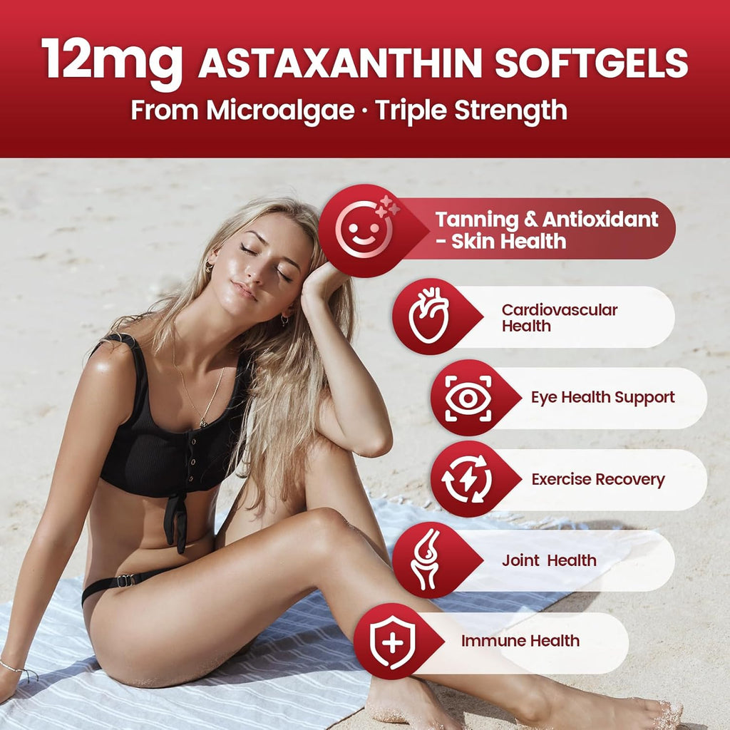 Astaxanthin 12mg, 960 Softgels, Fresh Haematococcus Pluvialis 10 in 1 Astaxanthin Antioxidant Supplements, Contains Lycopene, Grape Seed, Vitamin E, Supports Eye Joints Skin Health, 4Bag