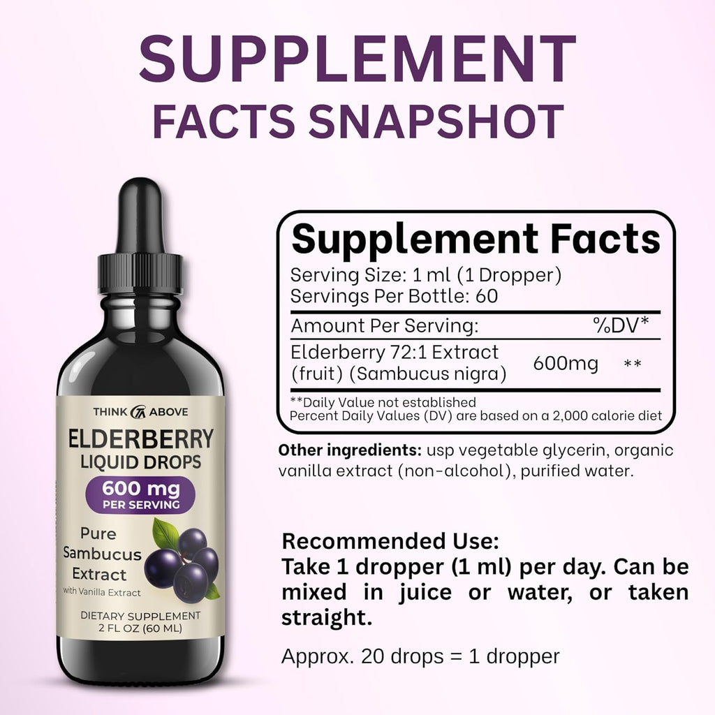 Elderberry Liquid Drops, 600mg, 2 Fl Oz, Pure Sambucus Extract with Vanilla, Vegan Immune Support Supplement