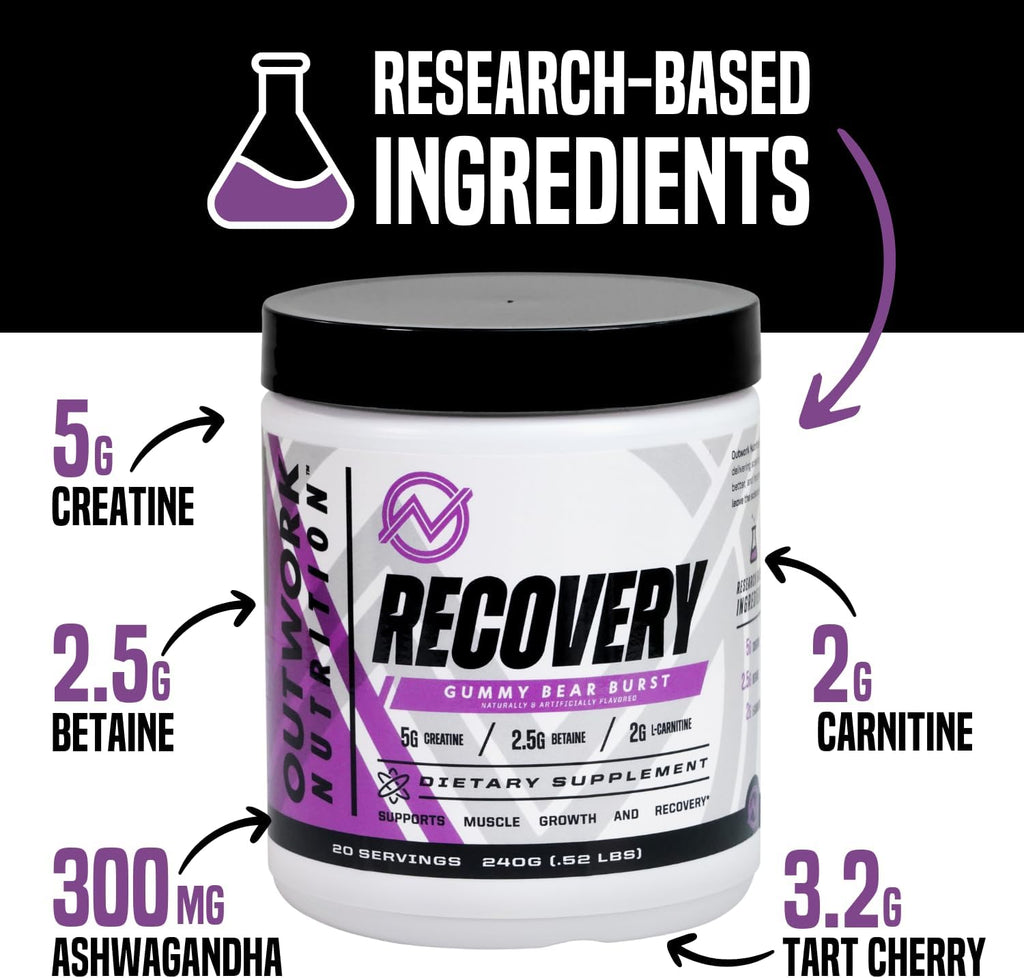 Outwork Nutrition Post Workout Recovery Powder - Creatine Monohydrate, KSM-66 Ashwagandha & Tart Cherry - Speeds Recovery, Eases Soreness - Creatine Powder for Men & Women, Gummy Bear Burst, 230 Gr