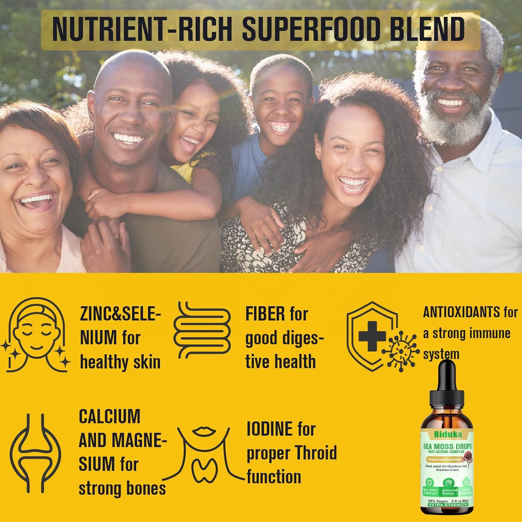 Irish Sea Moss Drops Black Seeds Oil, Bladderwrack, Burdock Root, Vitamin C and Zinc, Multimineral Drops Seamoss Supplement for Immune, Joint, Digestion, Aging Support