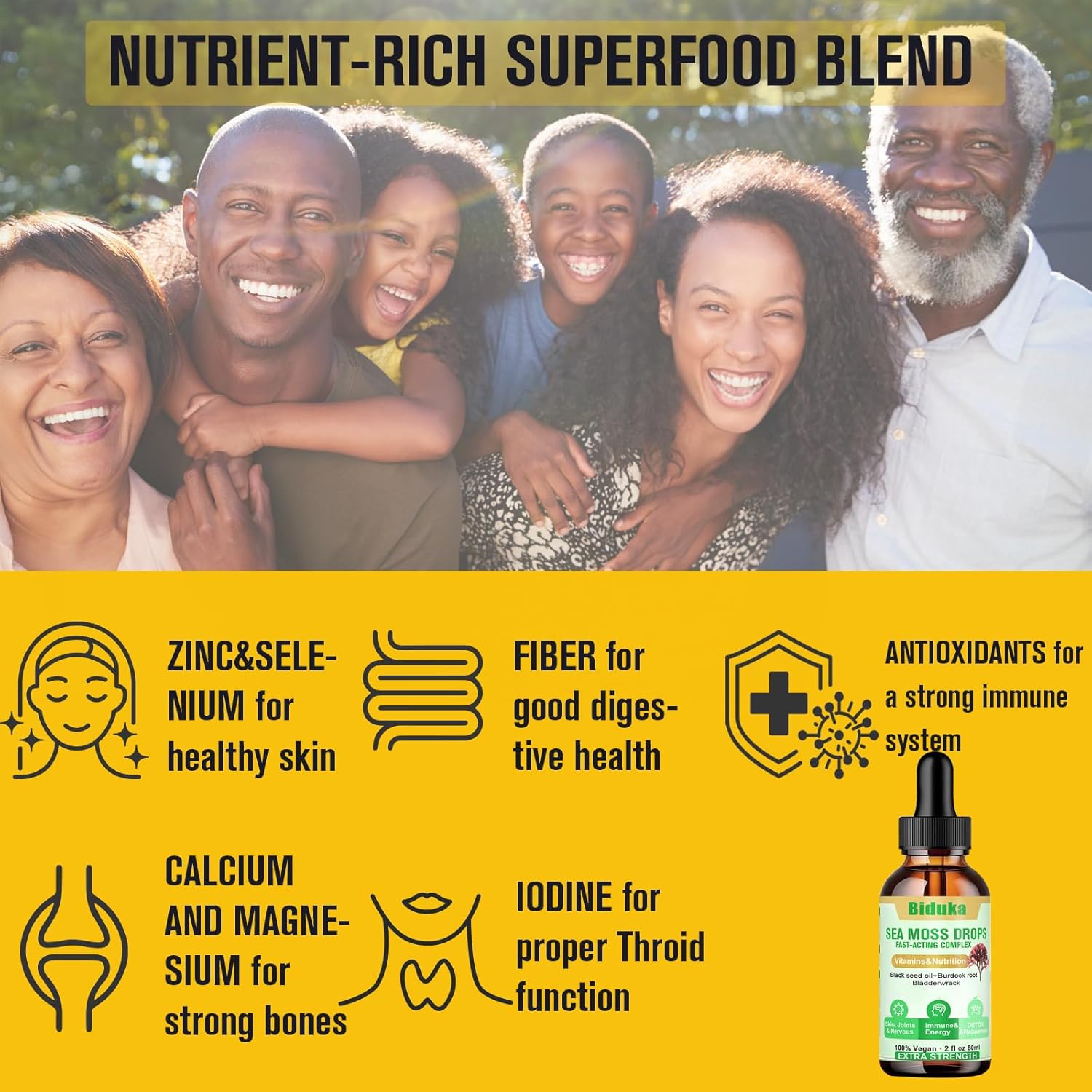 Irish Sea Moss Drops Black Seeds Oil, Bladderwrack, Burdock Root, Vitamin C and Zinc, Multimineral Drops Seamoss Supplement for Immune, Joint, Digestion, Aging Support