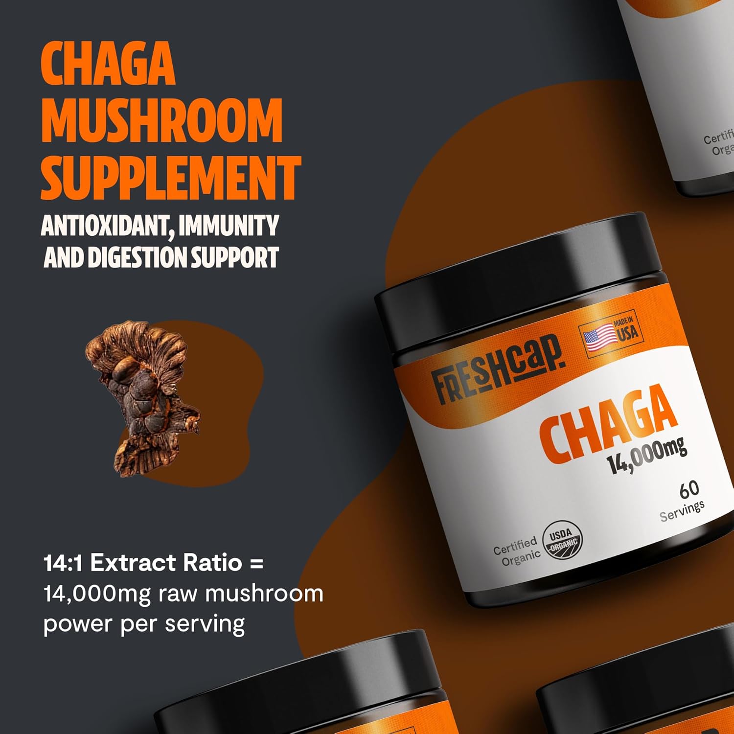 FreshCap Mushrooms Chaga Mushrooms Powder 14,000mg - Chaga Mushroom Extract for Immune and Antioxidants Support, Ayurveda Nootropic Supplement (60 Servings)