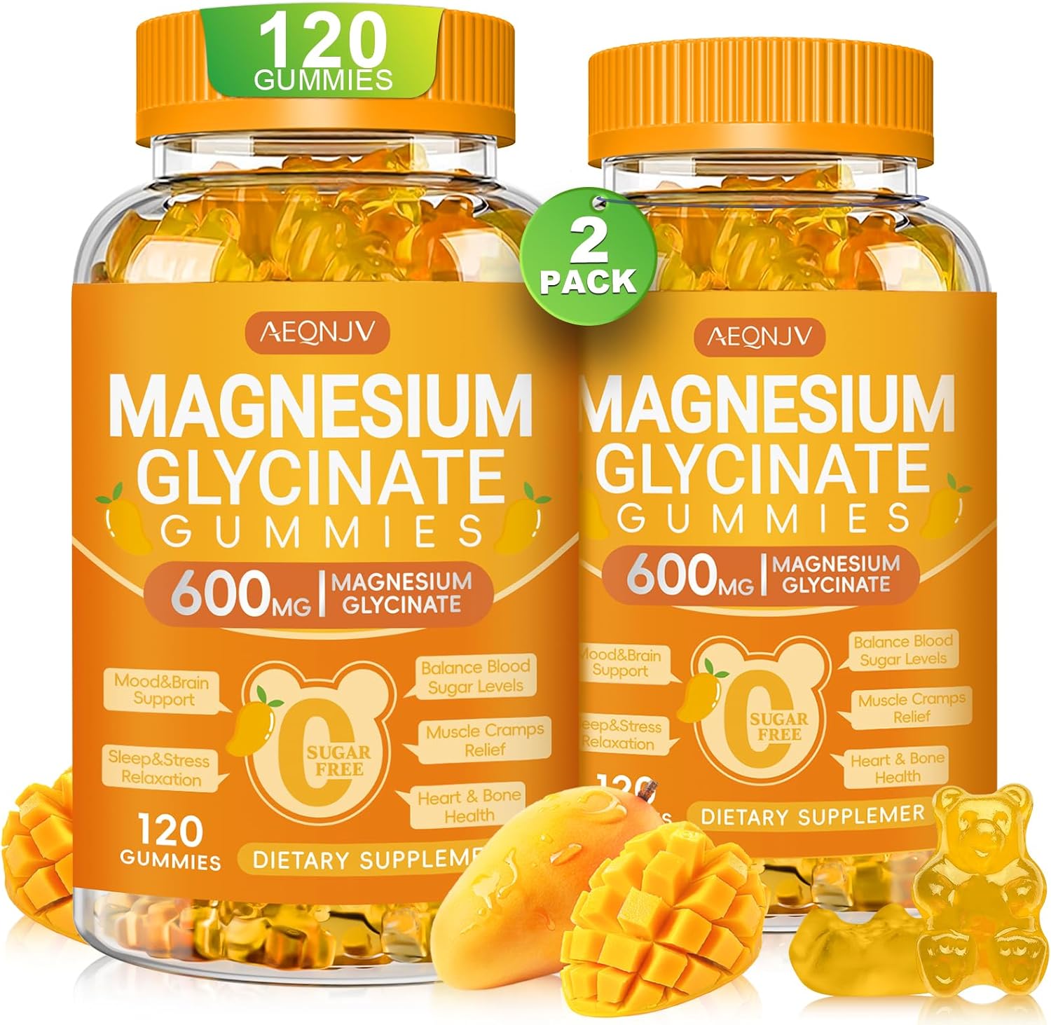Magnesium Glycinate Gummies 600mg, Chewable Sugar Free Potassium Gummies with Magnesium Glycinate, Vitamin D, B6 and CoQ10 for Sleep, Relaxation, Brain & Muscle, 2 Pack