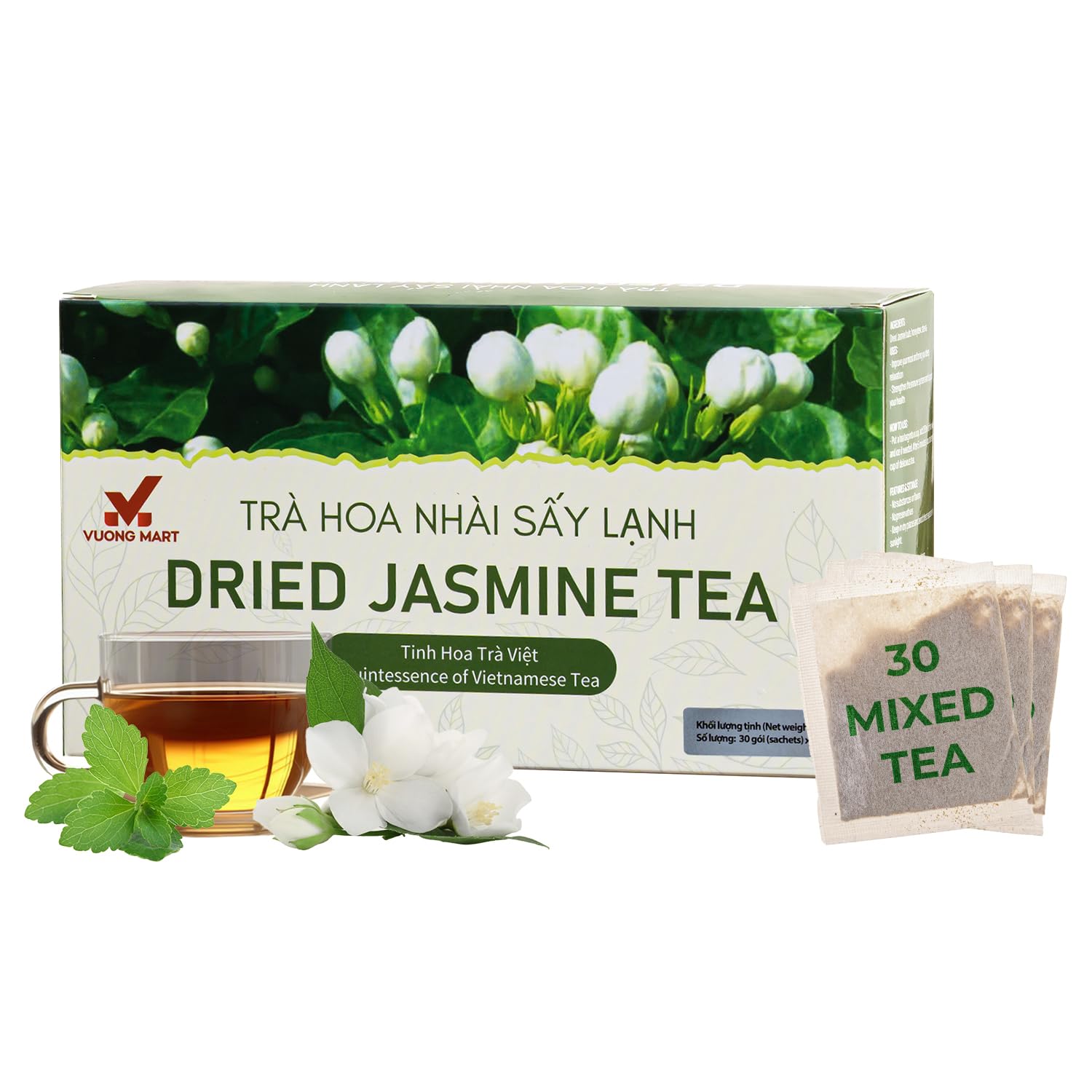 VUONGMART Dried Jasmine Buds Tea, 100% Hand Pick, Stevia, Honeyydew, Heat Pump Drying, Organic Herbal Tea, 30 Tea Bags, Gluten Free, Dairy Free, Sugar Free & Natural, Energy Boost & Health Support