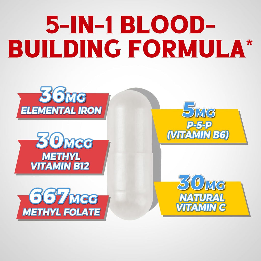 Iron Supplement for Women & Men, with Vitamins C, B6, B12 & Folate for Iron Deficiency, Blood Building & Energy Support, Stomach Friendly, Better Absorption, Non-GMO, No Gluten, 90 Vegan Caps