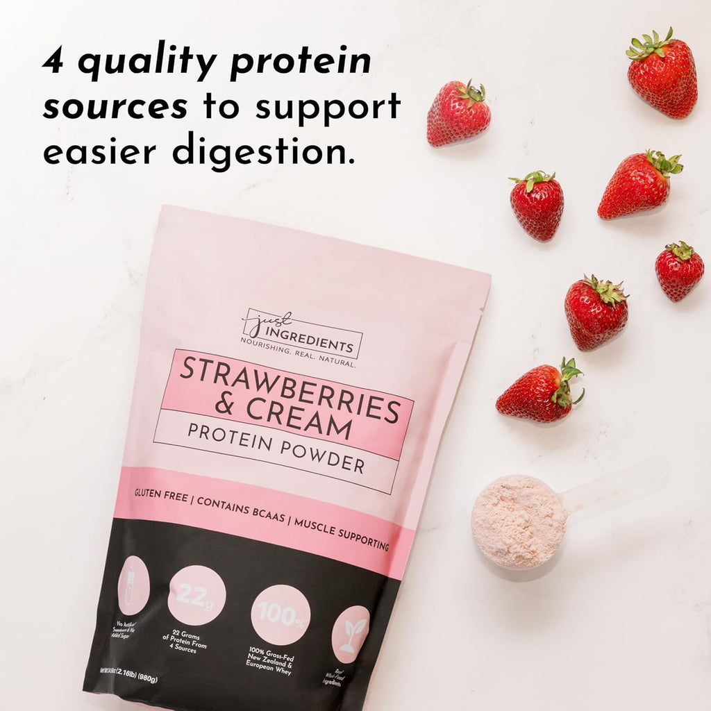 JUST INGREDIENTS Strawberries & Cream Protein Powder – 20-Serving Blend with 100% Grass-Fed Whey & Organic Plant Proteins – Real Strawberry Flavor – Supports Muscle Recovery, Energy*