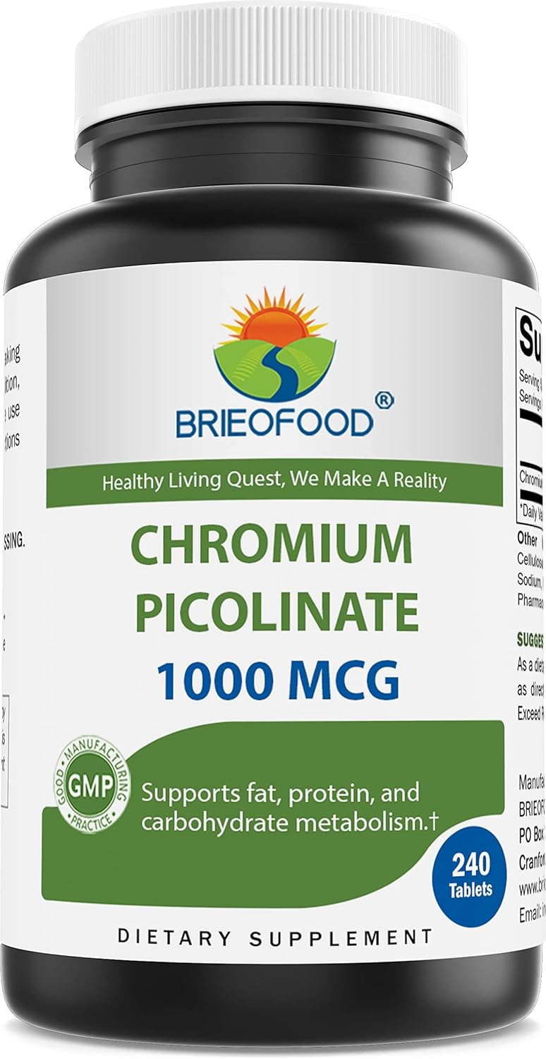 Brieofood Chromium Picolinate 1000 mcg Pills - 240 Tablets - 240 Servings - Non-GMO, Gluten Free