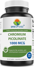 Brieofood Chromium Picolinate 1000 mcg Pills - 240 Tablets - 240 Servings - Non-GMO, Gluten Free