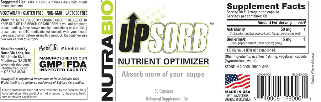 NutraBio UpSorb - BioPerine Supplement- Nutrient Bioavailability Enhancer with Black Pepper Extract - 60 Vegetable Capsules