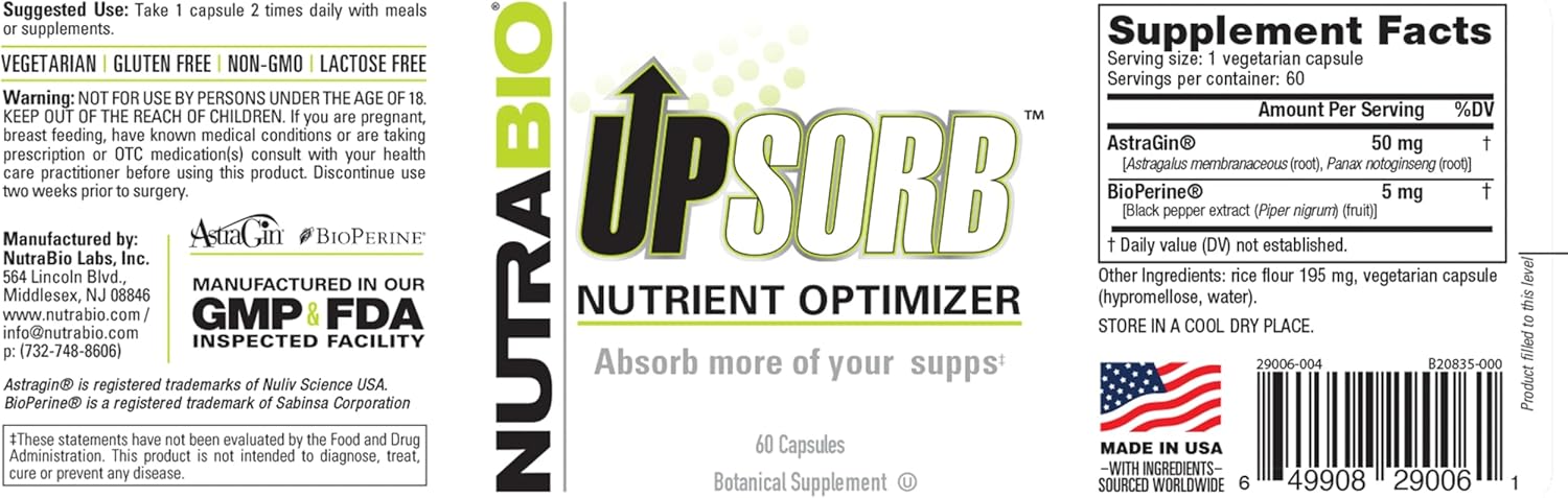 NutraBio UpSorb - BioPerine Supplement- Nutrient Bioavailability Enhancer with Black Pepper Extract - 60 Vegetable Capsules