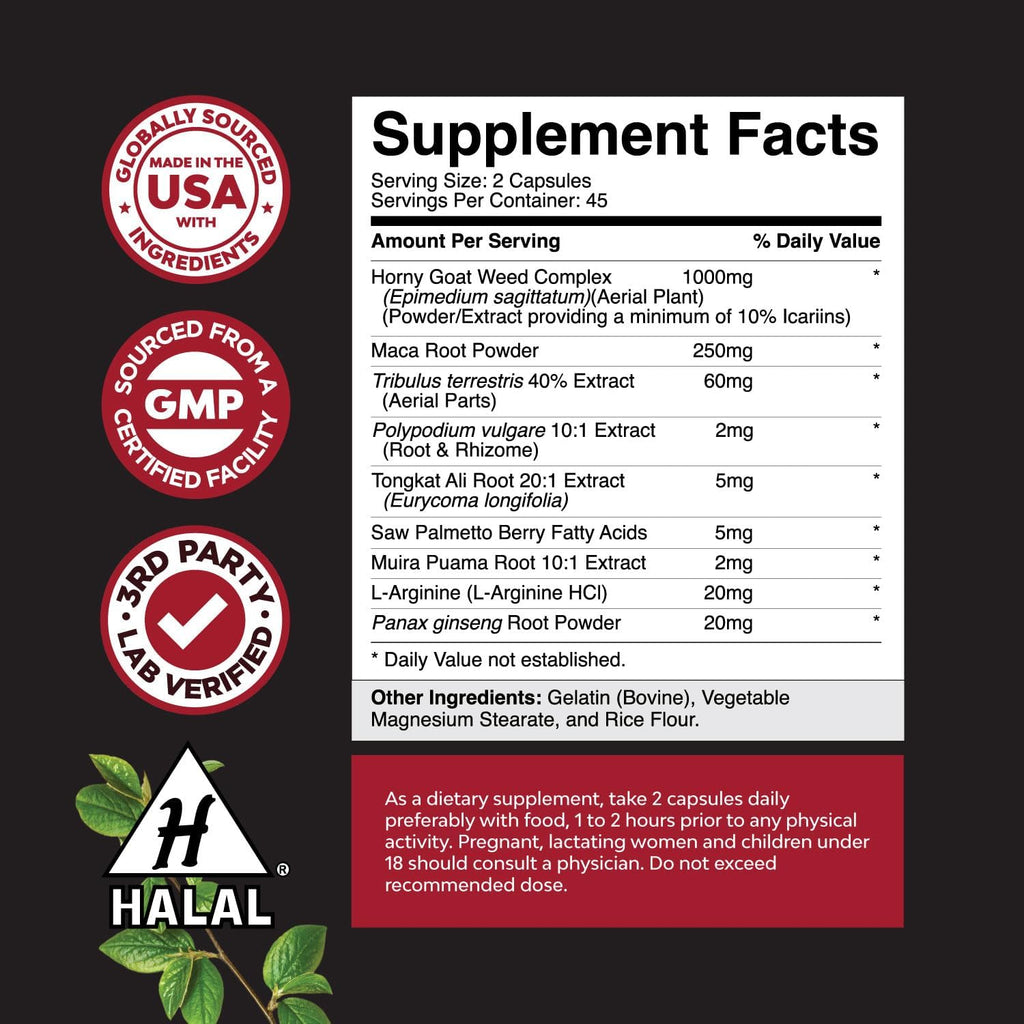 Natures Craft Horny Goat Weed for Men - Extra Strength Male Supplement with Black Maca Root, Tongkat Ali, Saw Palmetto & Panax Ginseng Extract for Stamina & Energy - 90 Capsules