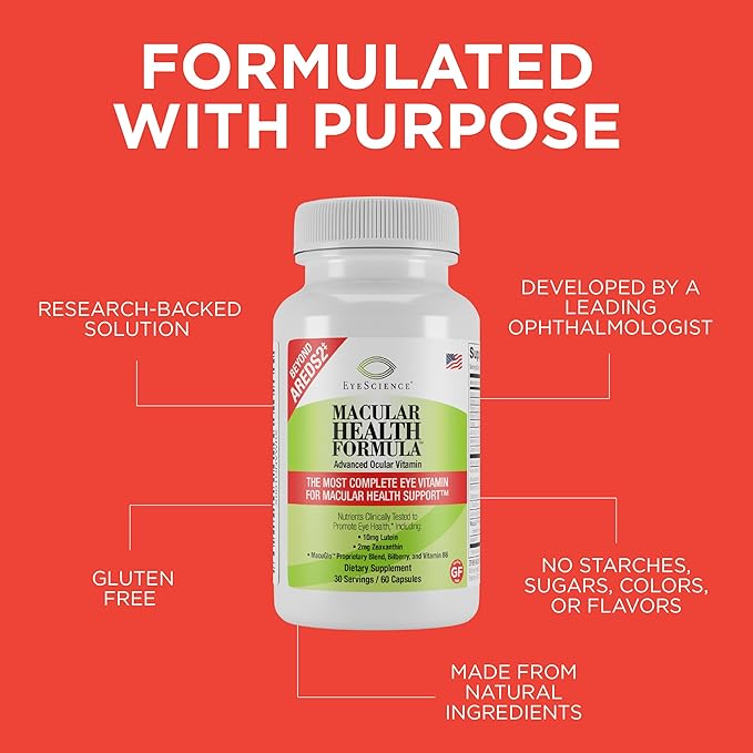 EyeScience Macular Health Formula Advanced Ocular Vitamin - Containing Lutein, Zeaxanthin, Billberry, & Vitamins C, D, E, & B6 (30 Day Supply)