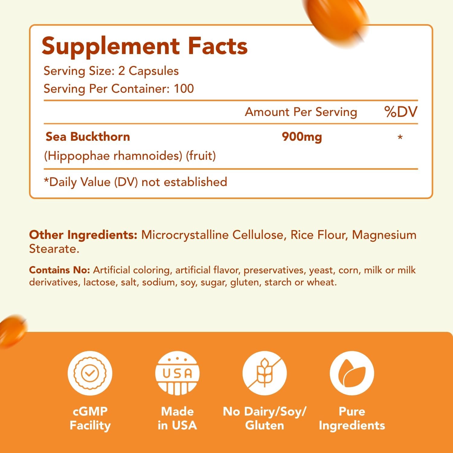 Pure Omega 7 Fatty Acids 200 Capsules 900mg Natural Sea Buckthorn Oil, NON-GMO USA Made