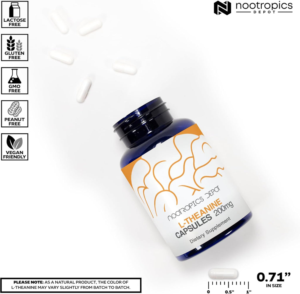 Nootropics Depot L-Theanine Capsules 200mg (180 Count) | Promotes Relaxation | Supports Healthy Stress Levels + Sleep Cycles | Promotes Cognitive Function + Focus | Amino Acid Supplement