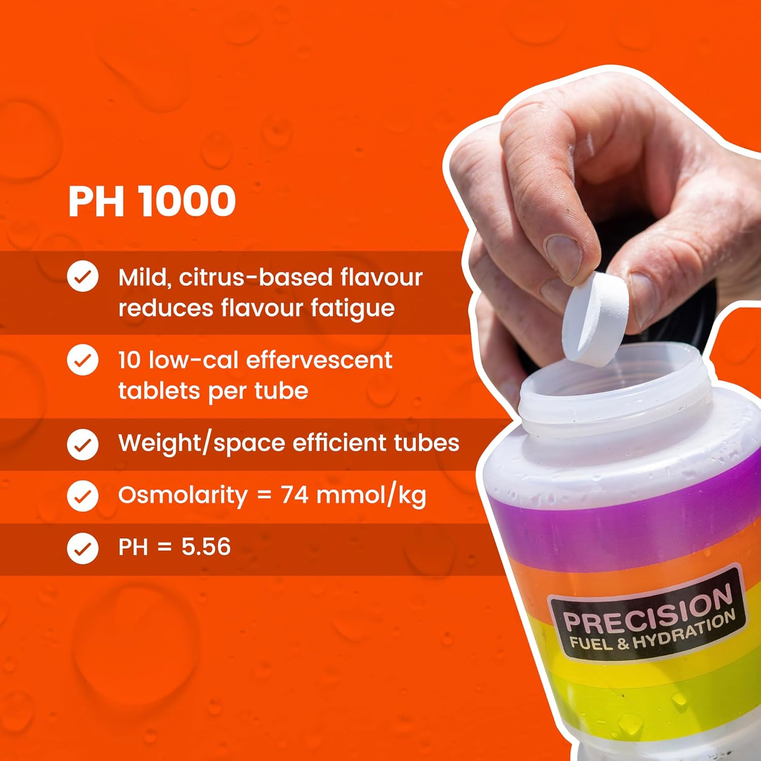 Precision Hydration Electrolyte Tablets - Multi Strength Effervescent Hydration Tablets - Combats Cramp - Low Calorie, Gluten Free, Vegan/Vegetarian Friendly(1 Tube, 1000mg/L - Orange Tube)