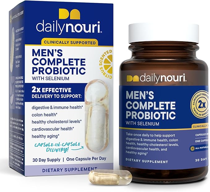 Daily Nouri Men’s Complete Probiotic | Supports Digestion, Immunity, Colon Health, Cardiovascular Function, Cholesterol | 5 Clinically Studied Strains + Selenium & Omega
