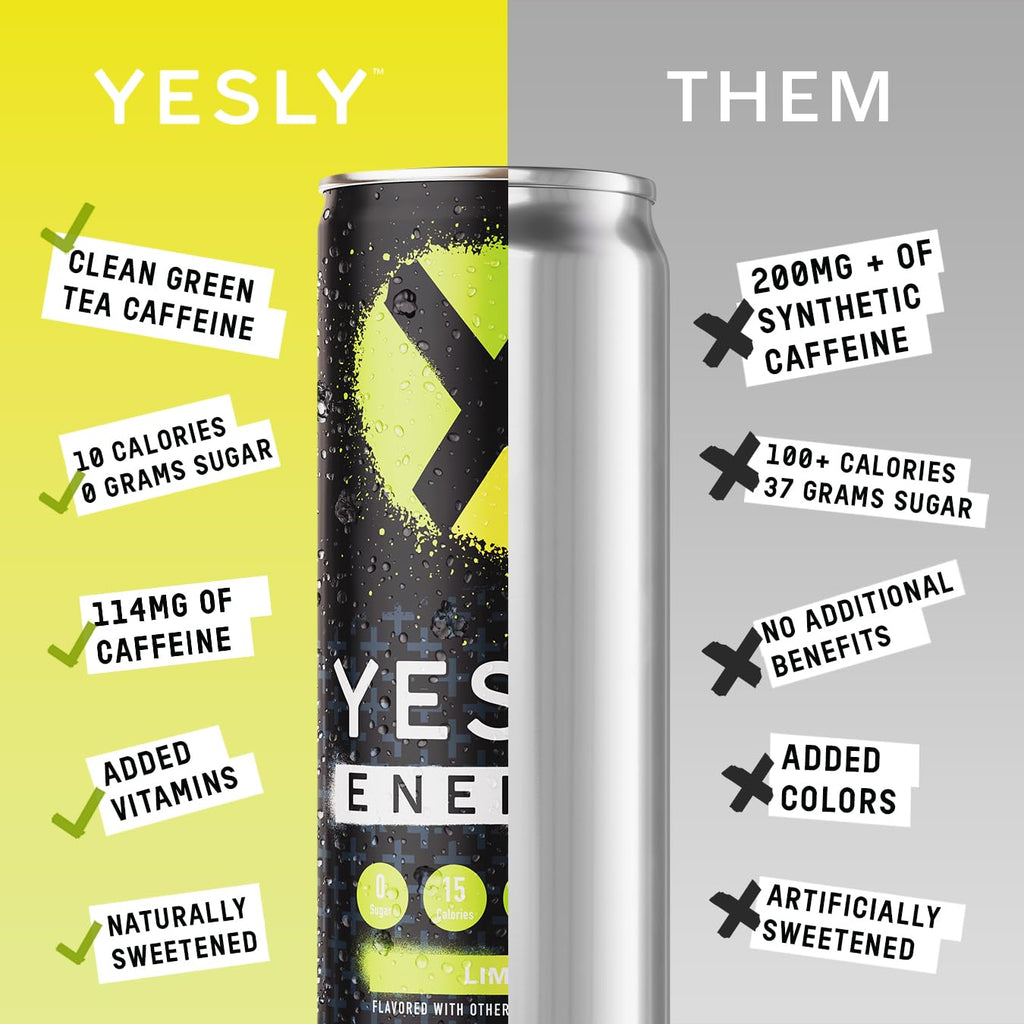 Yesly Energy Drink, Lime, Naturally Flavored Sparkling Energy Drink With Electrolytes, Magnesium, Potassium, Vitamin C, B6 & B12, Natural Caffeine From Green Tea, Zero Sugar, 12 Fl Oz Cans, 12 Pack