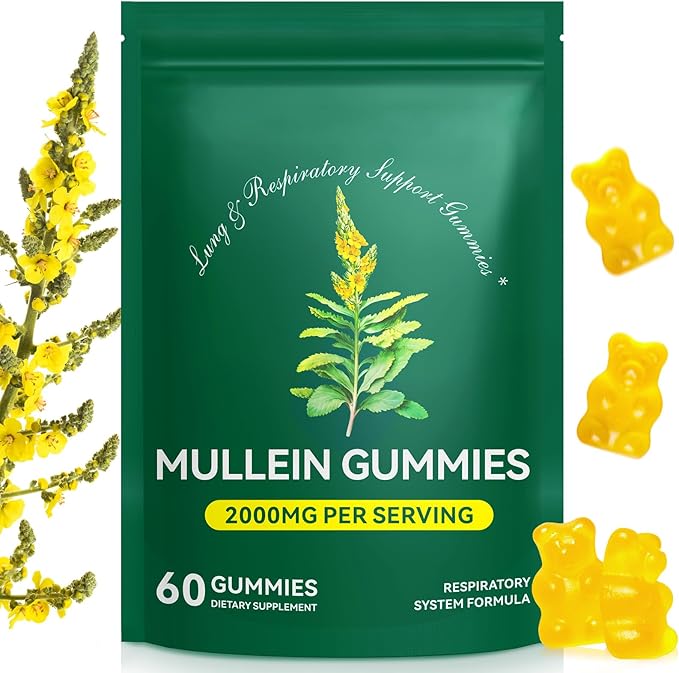 Mullein Gummies for Lung Cleanse 60 Count - 2000 mg Mullein Leaf Extract Gummies with Chlorophyll - Natural Herbal Supplement for Lung Cleanse, Respiratory Support, Boosts Immunity, Digestive Wellness