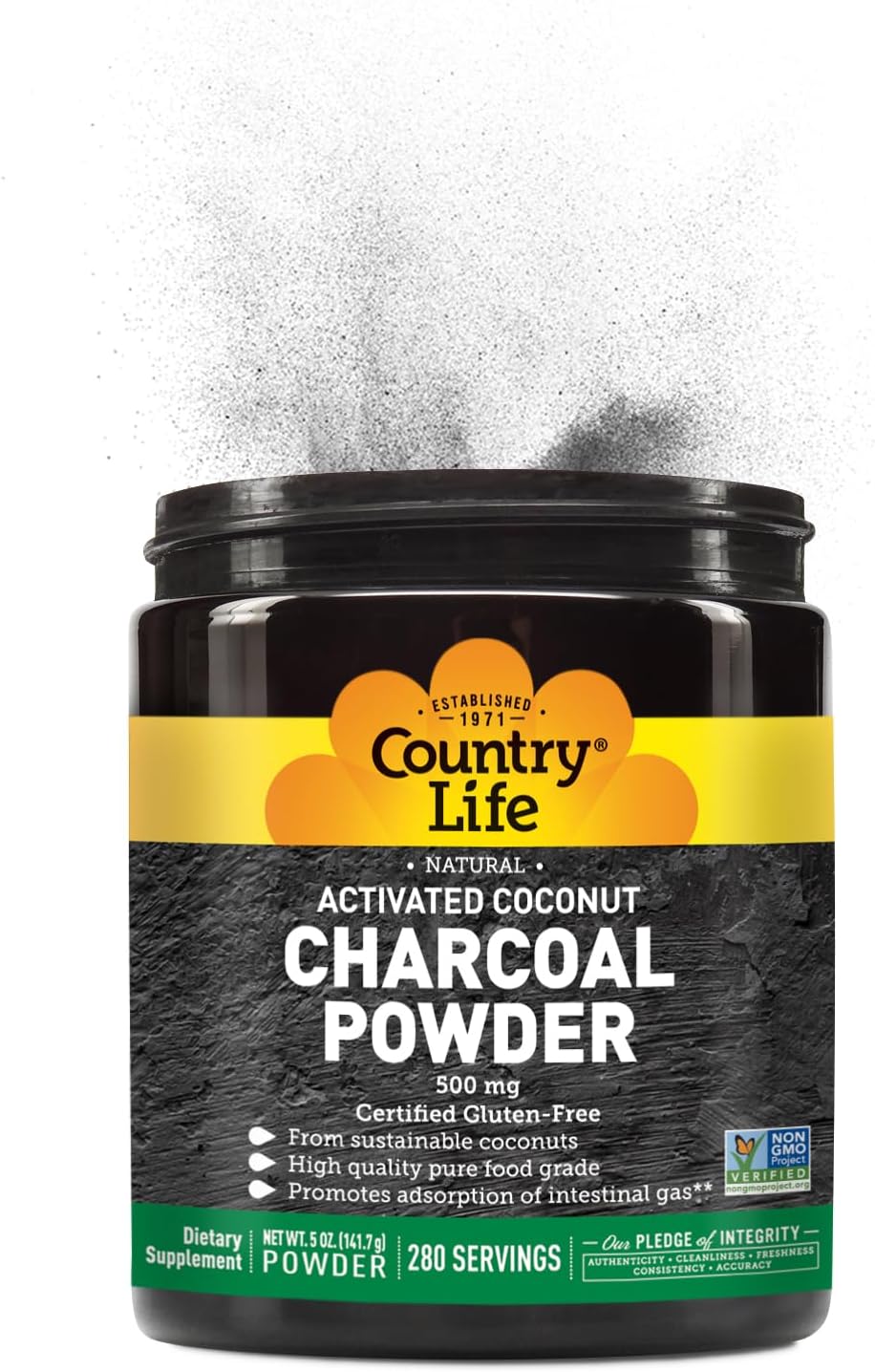 Country Life Activated Coconut Charcoal Powder 500mg – Natural Activated Charcoal for Digestive Health, Gas & Bloating Relief, DIY Uses - Non-GMO, Gluten-Free, Vegan, 5oz Powder