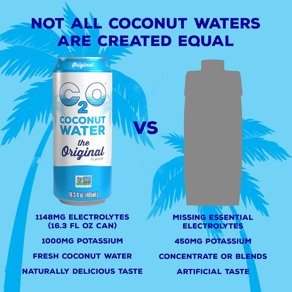 C2O - Coconut Water, The Original Flavor (8 Pack) - Made with Fresh Coconut Water - Plant Based - Non GMO - Canned Water - Natural Hydration, Essential Electrolytes, & Potassium - 8 Cans, 16.3 FL OZ