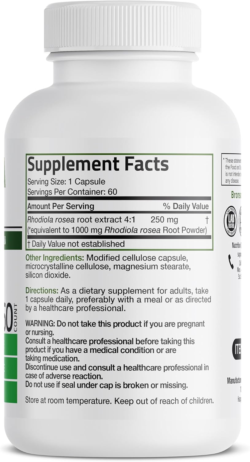 Bronson Rhodiola Rosea Vegetarian Capsules - Adaptogenic Herb - Brain, Stress & Mood Support - Non-GMO, 60 Count