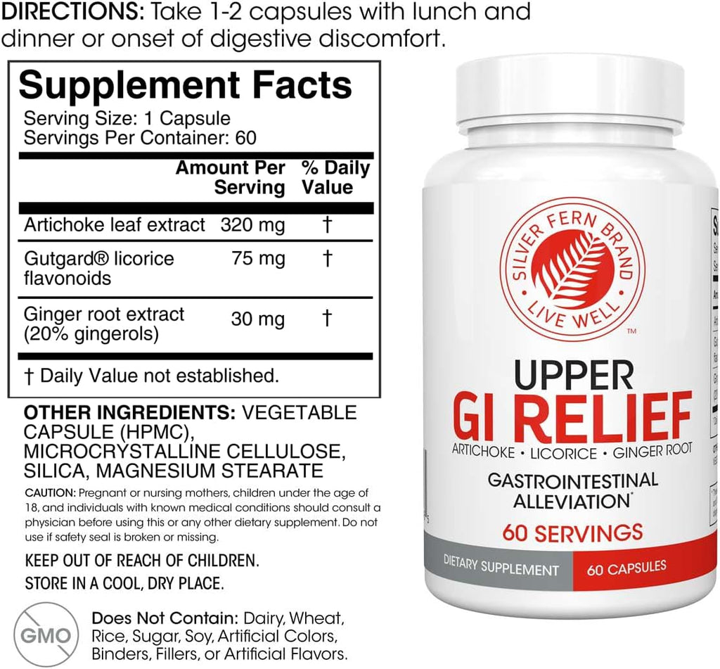 Silver Fern GI Relief - Natural Herbal Supplement - All Natural with Artichoke Leaf Extract, Ginger Root Extract, and GutGuard Licorice Flavonoids (2 Bottles - 120 Capsules - 60 Day Supply)