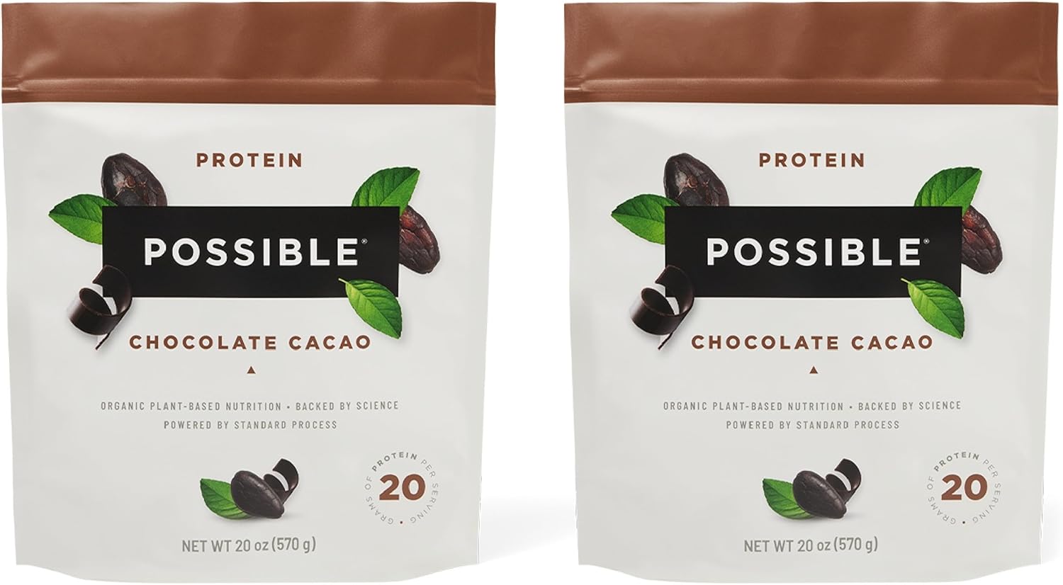 Possible Protein Powder Chocolate Cacao - 20g of Vegan, Plant-Based Protein Mix - Non-GMO, Non-Dairy, Gluten-Free - 3.5g of BCAAs - 9 Essential Amino Acids - 30-Day Supply - 2 Bag, 30 Servings