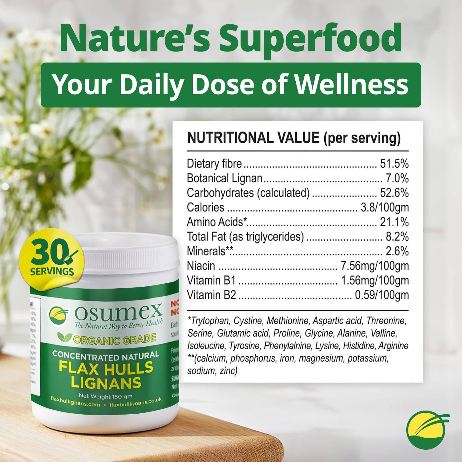 Flax Seed Hull Powder 150g - Flax Seeds Organic High in Lignan SDG for Digestion, Natural Concentrate Flaxseed Shells Only No Flaxseed Oil or Seeds Added, Smoothie Seeds for Daily Nutrition