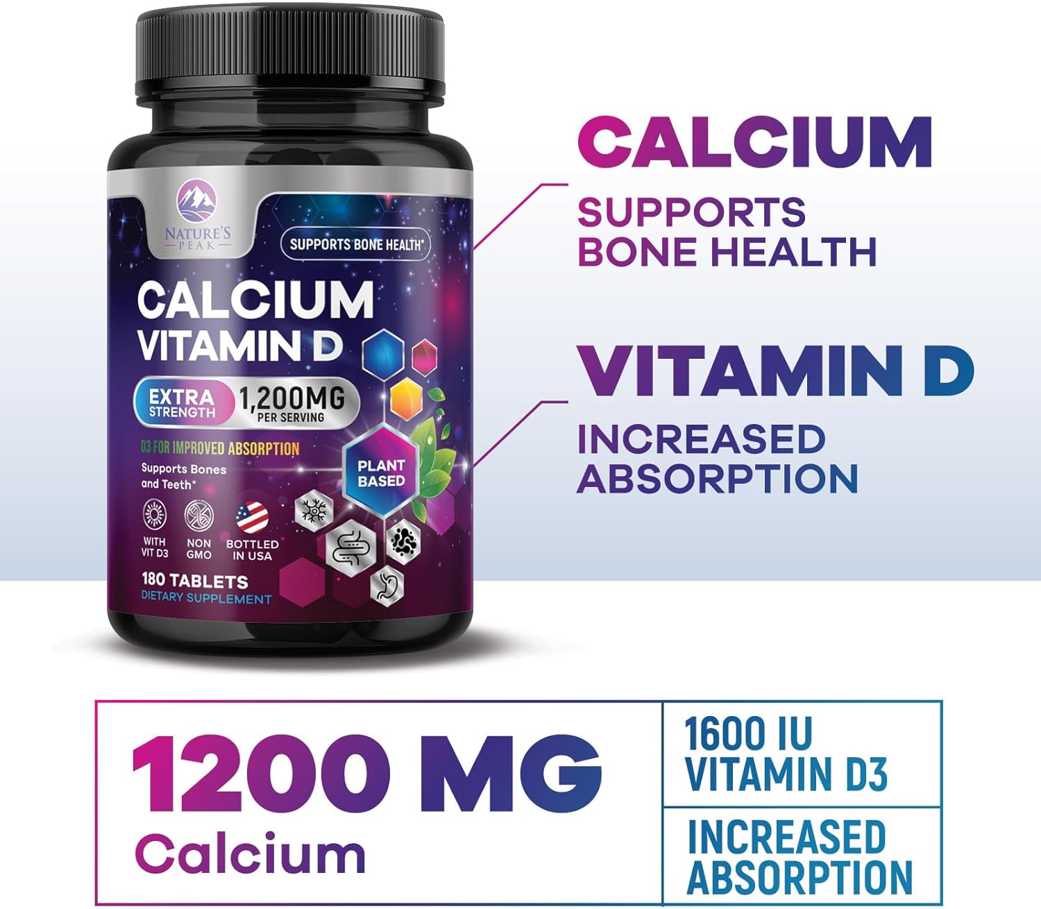 Calcium 1200 mg with Vitamin D3, Calcium Supplement Vitamins, Bone, Teeth & Immune Health Support, Calcium Supplements with D for Women & Men, Nature's Absorbable Calcium Carbonate - 180 Tablets