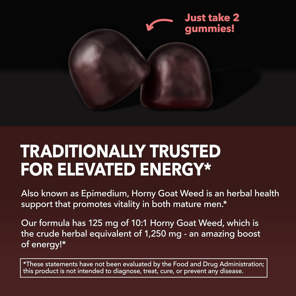 Horny Goat Weed Gummies with Vitamin B12 - Energy, Endurance & Performance Support for Male Health - 30 Count - Vegetarian-Friendly, Non-GMO, Pectin-Based - Raspberry Flavor, 15 Servings