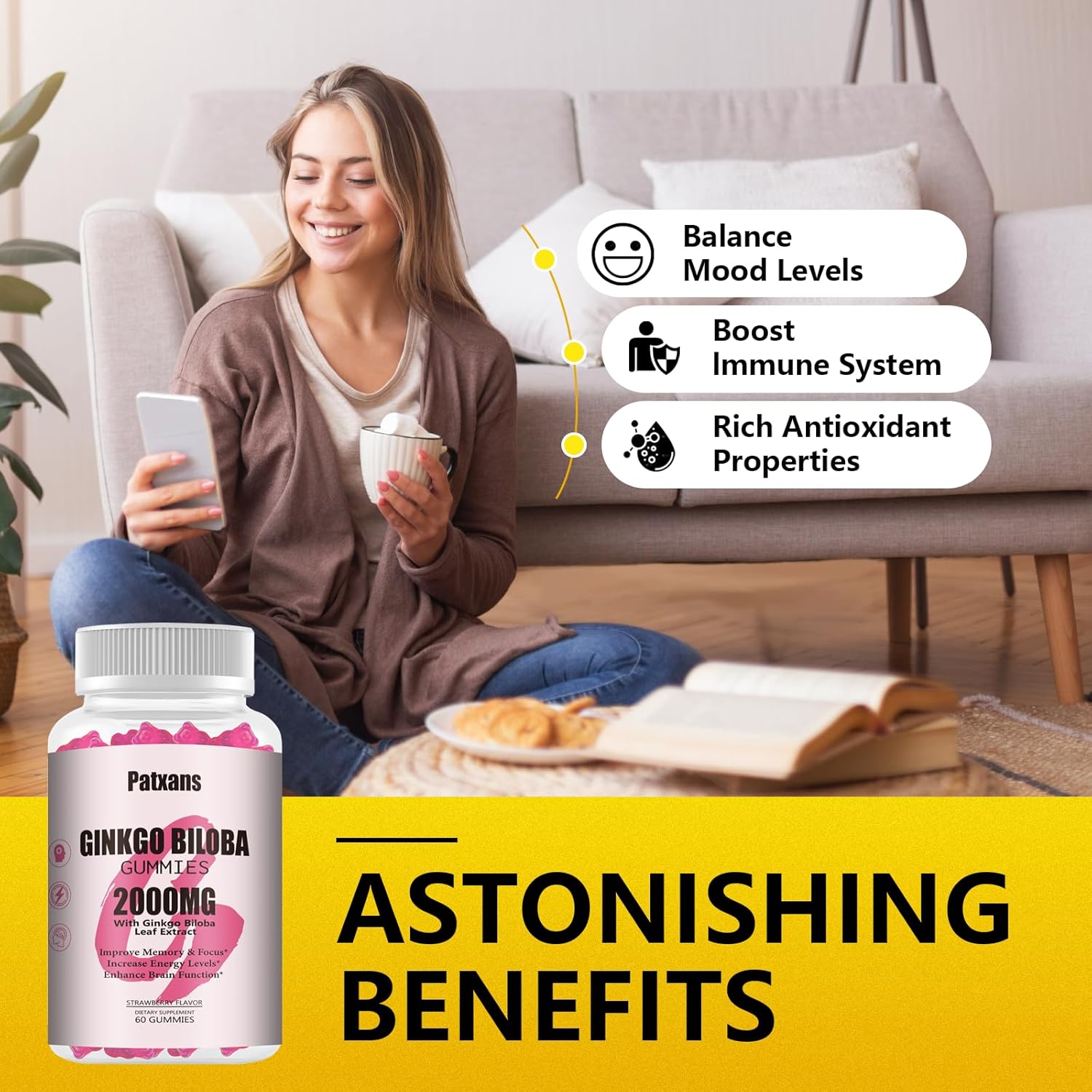1 Pack 2000mg Ginkgo Biloba Gummies - Ginkgo Biloba Supplements for Brain Health Support, Improve Mood and Focus, Energy, Adult, Strawberry Flavor, 60 Count