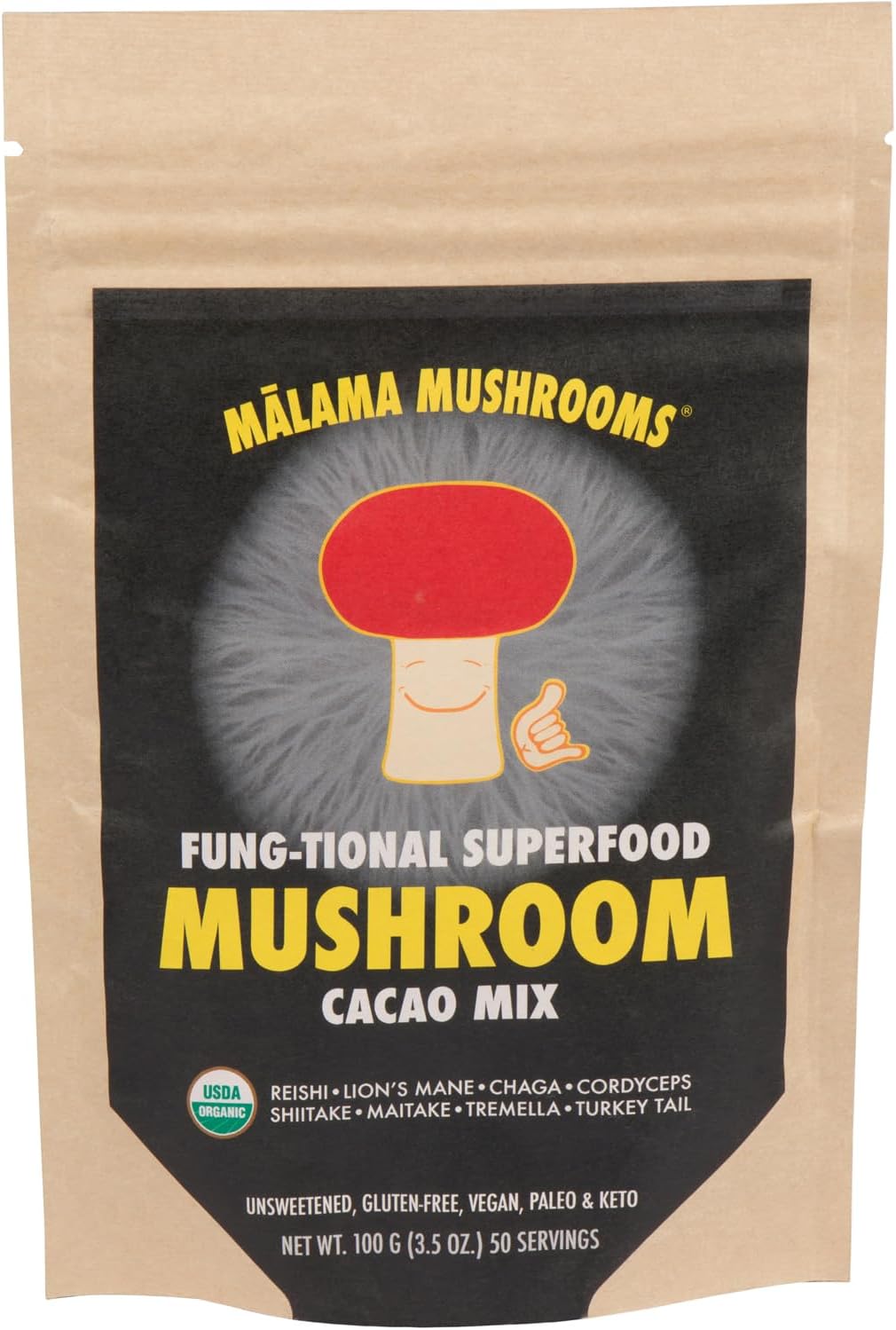 Malama 8-Mushroom Hot Cacao Mix, Organic Chocolate Blend Mushroom Powder for Focus & Inmune Support – with Lion's Mane, Reishi, Chaga, Turkey Tail – Vegan Supplement, 3.5 oz (50 Servings)