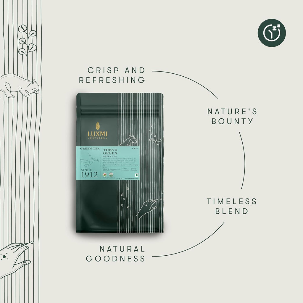 Luxmi Estates Tokyo Green Organic Green Tea (50 Tea Bags) Tea Bags For Relaxing, Calming, and Stress Relief, With Certified Organic Darjeeling Makaibari Green Tea