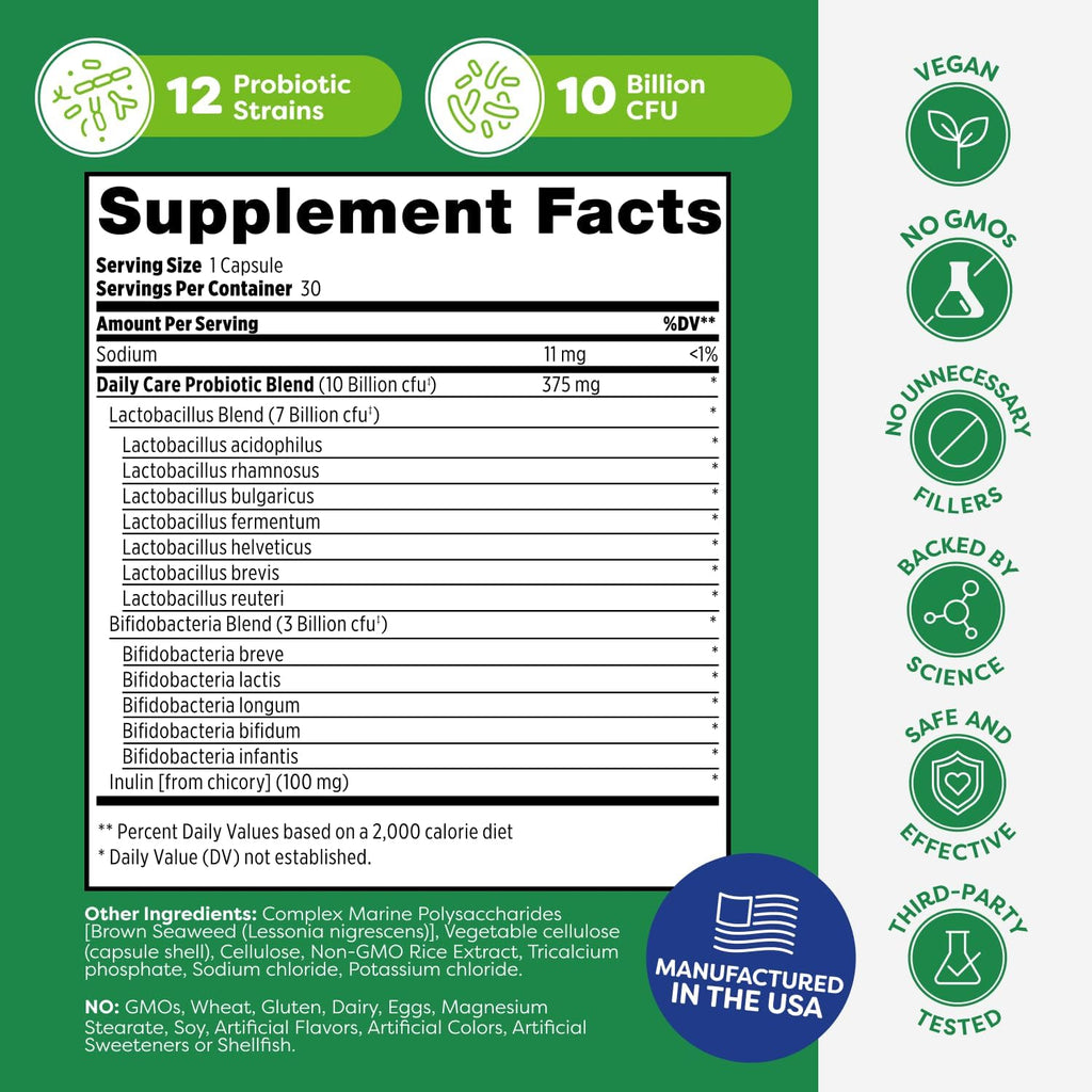 Probulin Daily Care Probiotic Supplement, Digestive, Gut, and Immune Health Support Capsules for Men and Women, 10 Billion CFU, Vegan, 30 Count Bottle